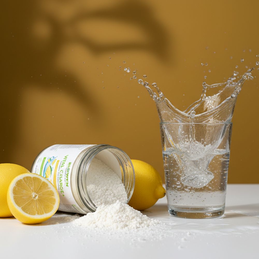 Przewrócony słoik Elektrolity Biowen Vital Charge+ 250 g z wysypanym proszkiem i cytrynami oraz szklanką z wodą obok