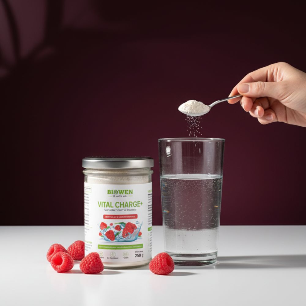 Słoik Elektrolity Vital Charge+ Biowen malinowe obok szklanki wody i dłoni z łyżeczką proszku.