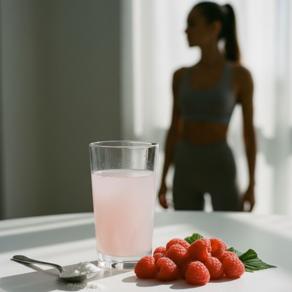 Napój Elektrolity Vital Charge+ Biowen malinowe na stole z malinami, w tle kobieta w stroju sportowym.