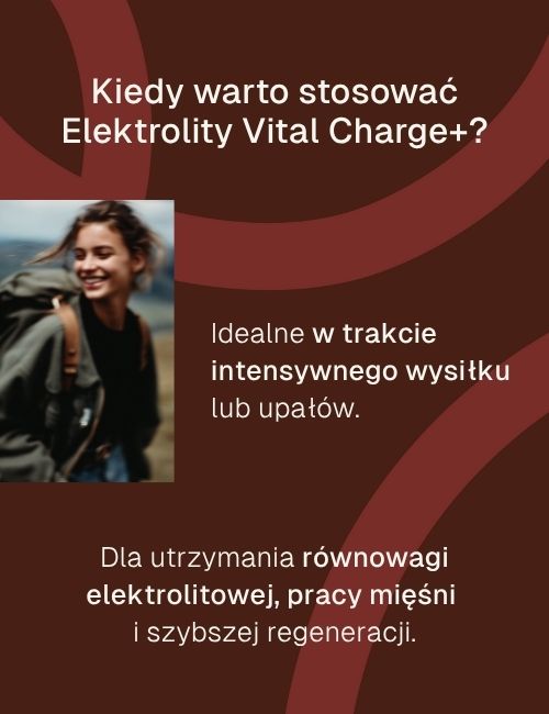 Infografika o zastosowaniu Elektrolitów Vital Charge+ w upały i przy treningu.