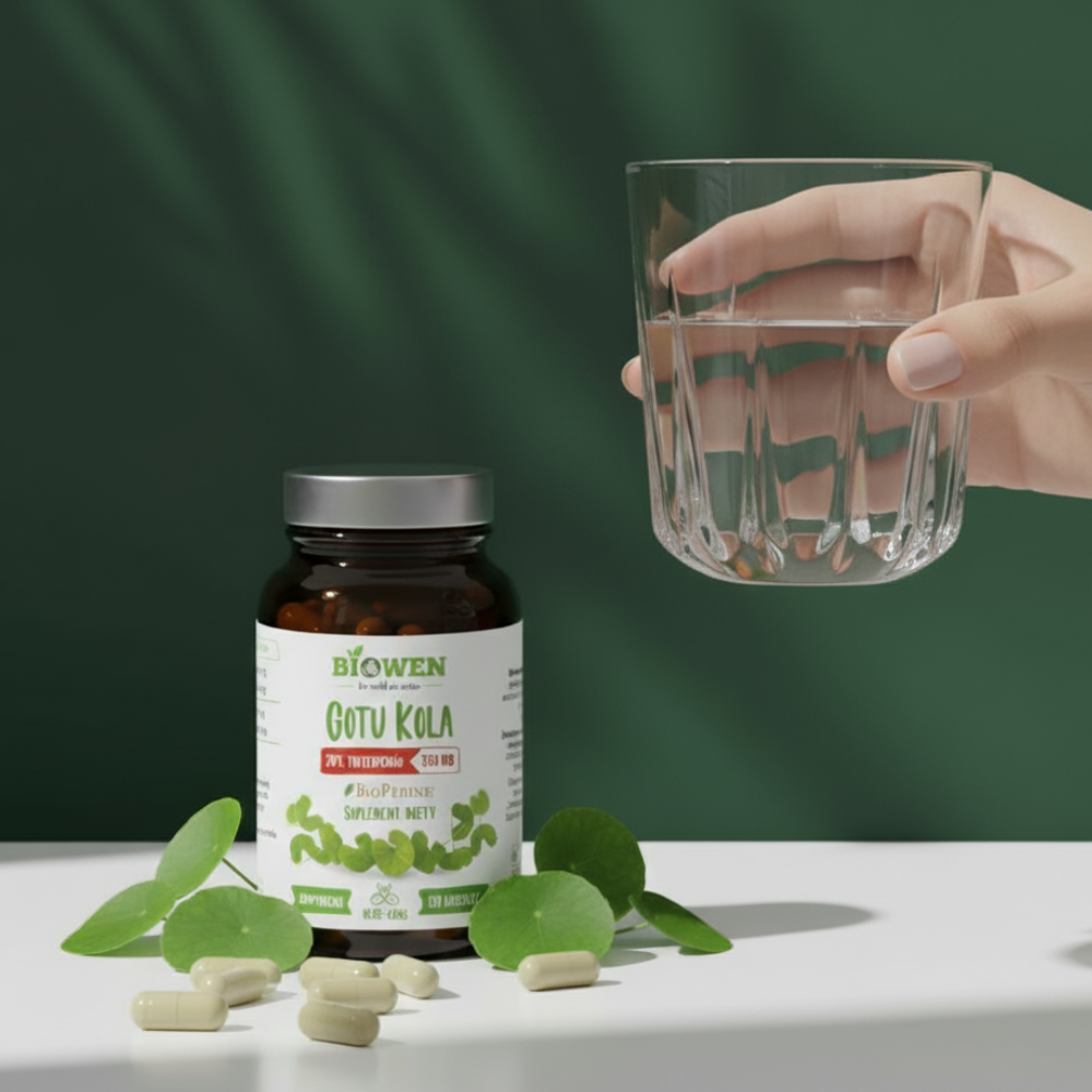 Suplement diety Biowen Gotu Kola w kapsułkach z szklanką wody i liśćmi wąkroty na zielonym tle