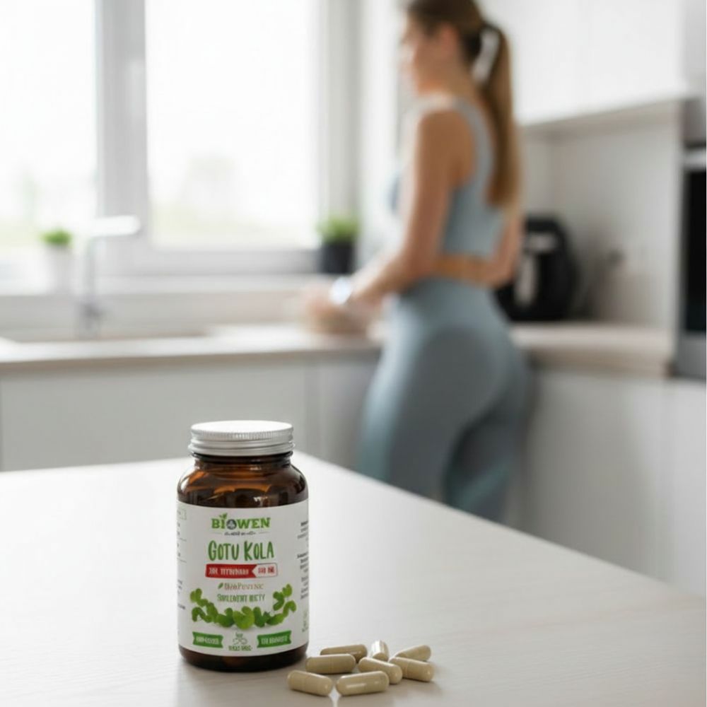 Suplement diety Biowen Gotu Kola w kapsułkach na blacie kuchennym z osobą w tle
