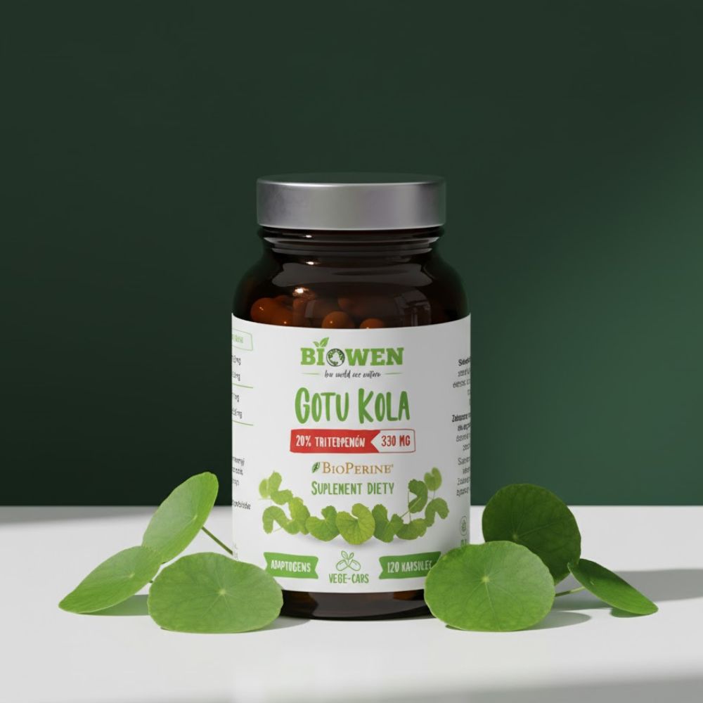 Suplement diety Biowen Gotu Kola 330 mg w szklanym słoiczku na zielonym tle