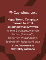 Infografika z napisem o 14 składnikach aktywnych suplementu Hepa Strong Complex+ Biowen.