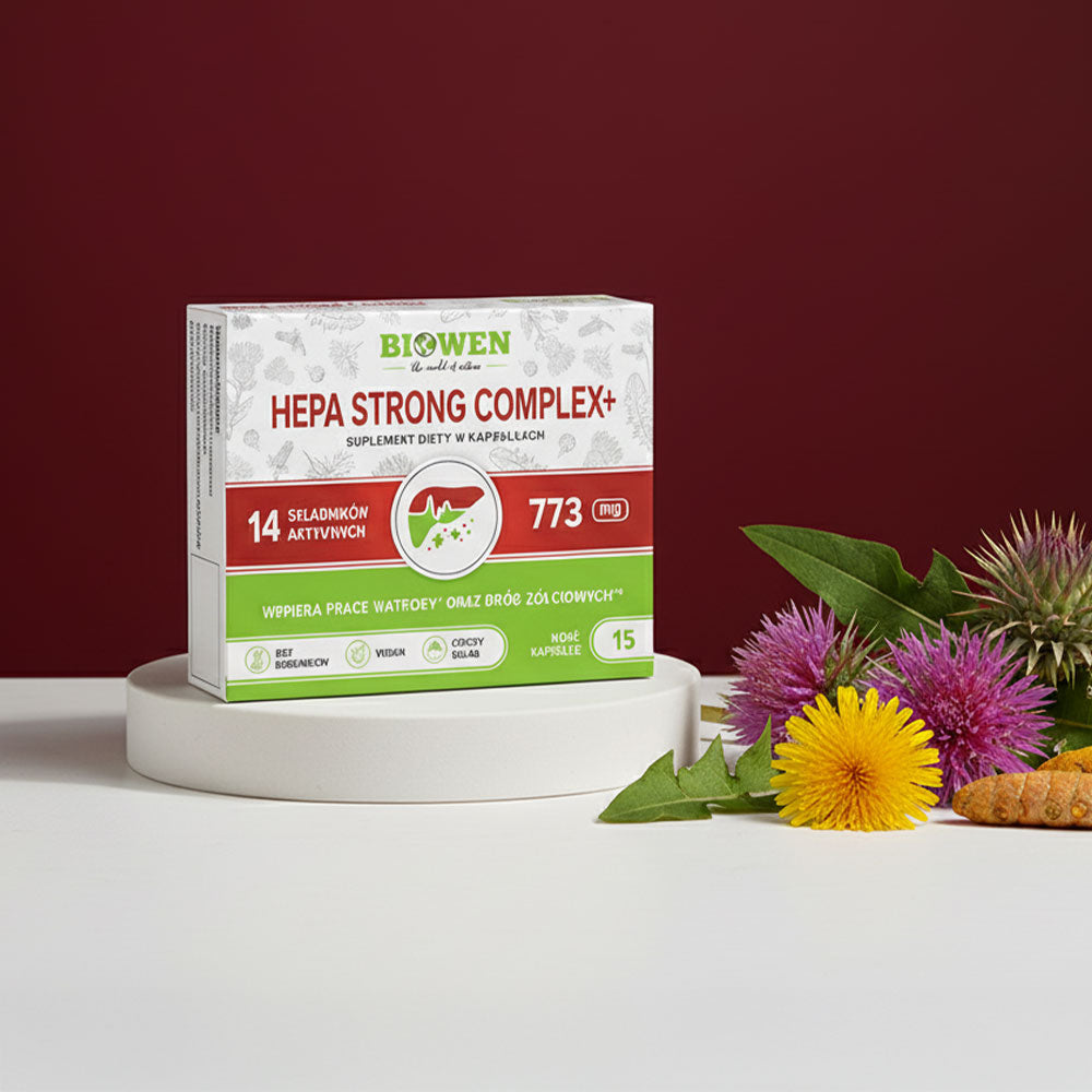Hepa Strong Complex+ Biowen 15 kapsułek z kwiatami ostropestu i mniszka.