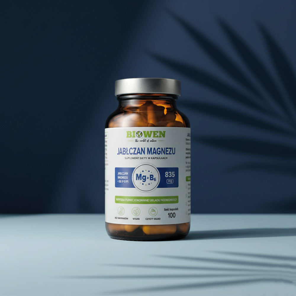  Jabłczan Magnezu 100 kapsułek  Biowen na niebieskim tle.