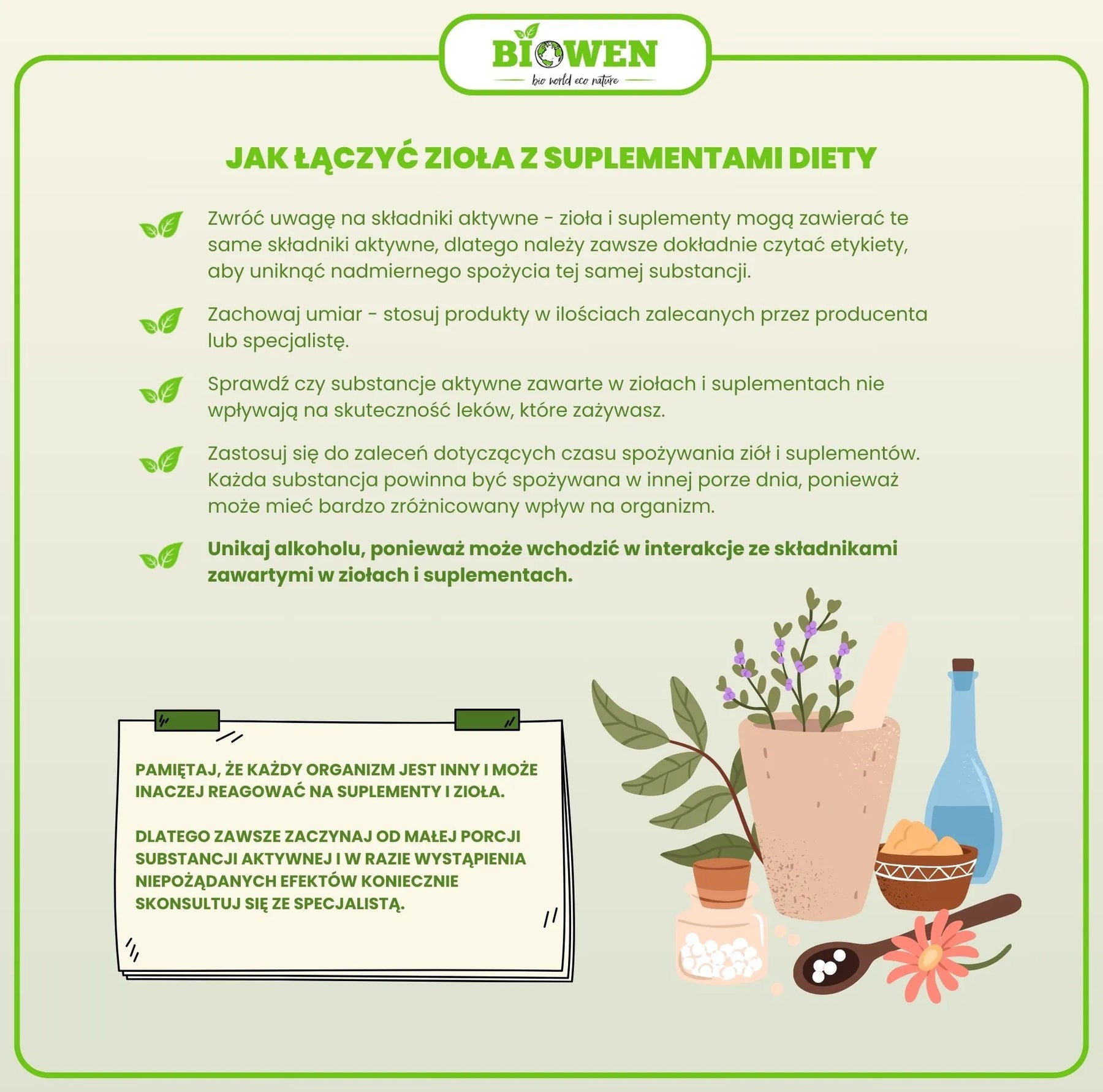 jak łączyć zioła z suplementami diety - infografika