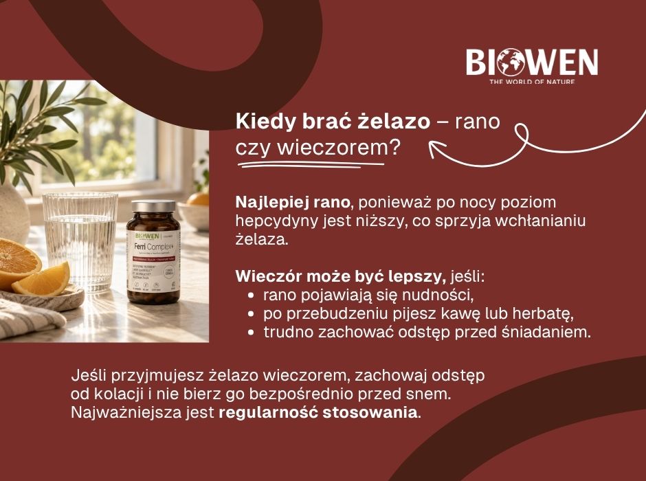 Kiedy brać żelazo–rano czy wieczorem - infografika