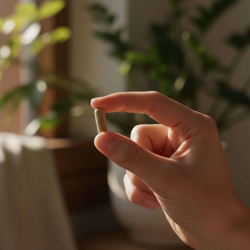 Pojedyncza kapsułka suplementu Kordyceps Biowen trzymana w dłoni. Wegańskie kapsułki z grzybem Cordyceps na odporność.