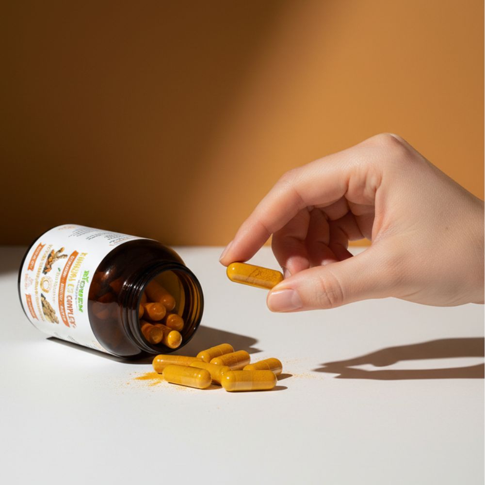 Ręka podnosząca kapsułkę obok przewróconej butelki Kurkuma C3 Complex+ Biowen 60 kapsułek na białym blacie.