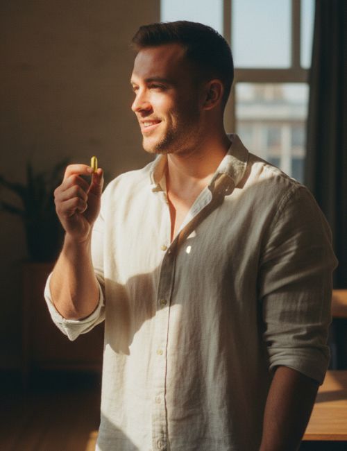 Uśmiechnięty mężczyzna z kapsułką Kurkuma C3 Complex Biowen. Suplement wspierający trawienie i odporność.