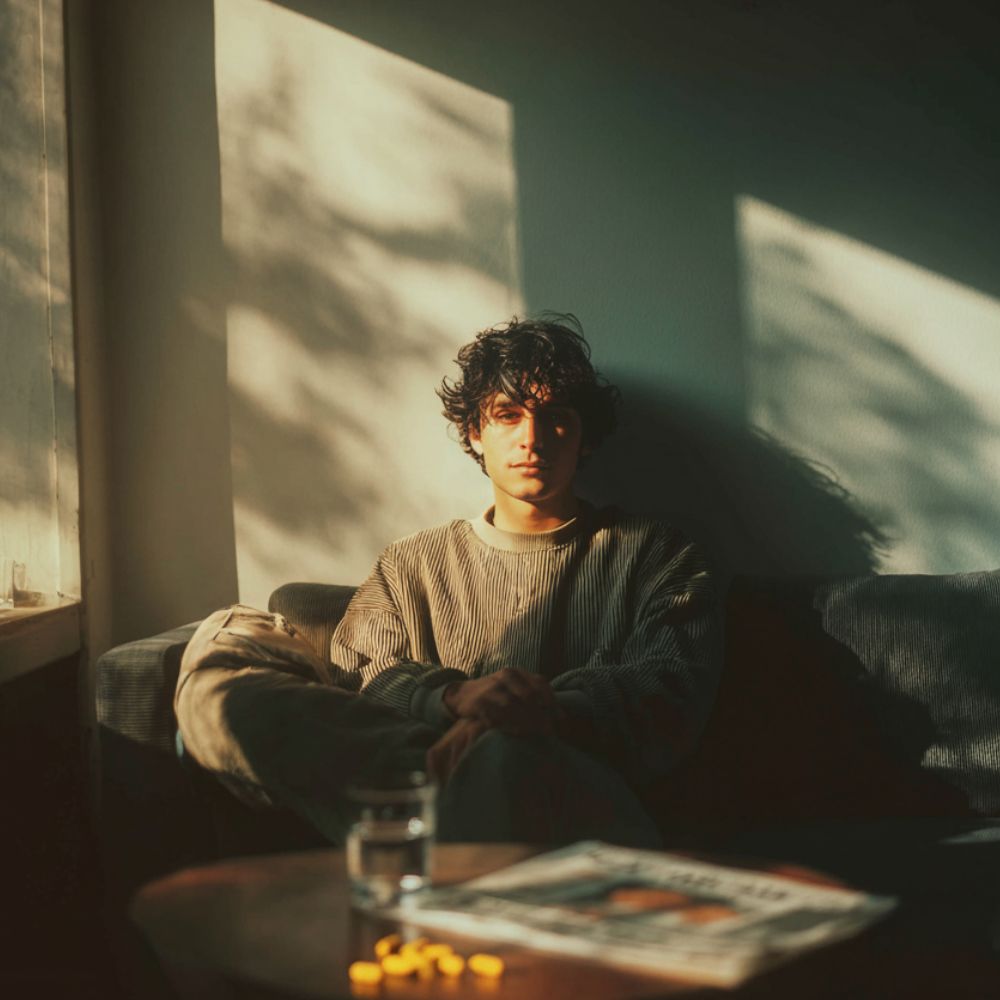 Mężczyzna siedzący na kanapie w świetle zachodzącego słońca, na stoliku przed nim kapsułki z kurkumą, gazeta i szklanka wody.