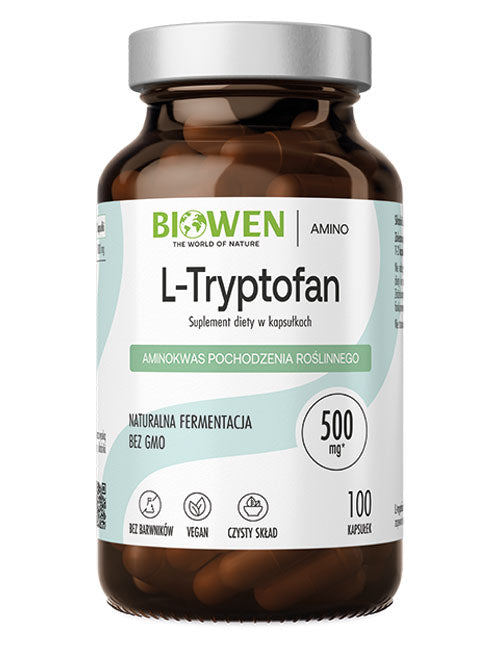 L-Tryptofan Biowen 500 mg w kapsułkach, 100 kapsułek, aminokwas pochodzenia roślinnego