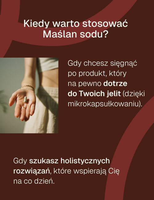 Grafika informacyjna: kiedy warto stosować maślan sodu – kapsułka trzymana w dłoni i opis działania mikrokapsułkowanego produktu wspierającego jelita
