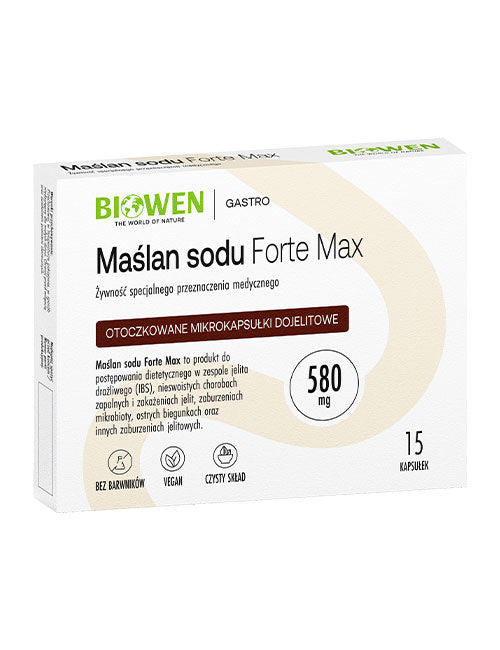 Opakowanie Maślan sodu Forte Max Biowen 580 mg – mikrokapsułkowany maślan sodu w kapsułkach dojelitowych