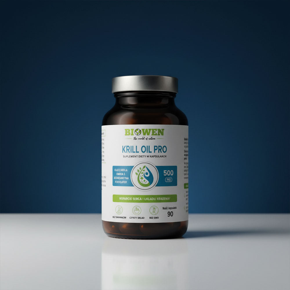 Butelka suplementu Olej z kryla Krill Oil Pro Biowen 90 kapsułek na białym blacie z niebieskim tłem.