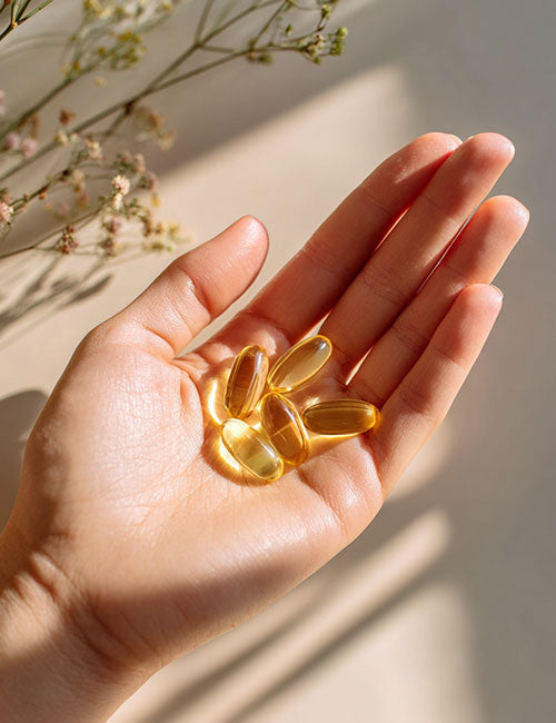 Dłoń trzymająca kapsułki Omega 3-5-6-7-9 w naturalnym świetle na jasnym tle