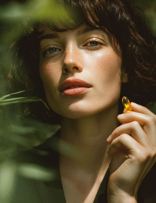 Kobieta w naturalnym świetle trzymająca przy twarzy przezroczystą kapsułkę suplementu Omega 3.