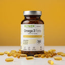 Omega 3 Forte Biowen w kapsułkach – suplement diety z EPA i DHA w szklanej butelce na żółtym tle