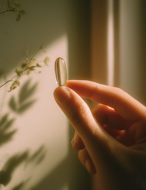 Dłoń trzymająca kapsułkę suplementu Omega 3 z alg Biowen w ciepłym świetle dziennym.