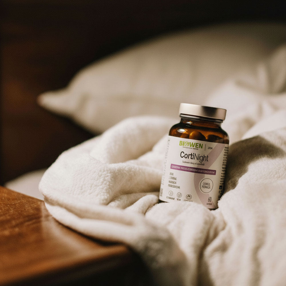  CortiNight Biowen 60 kapsułek ustawiona na miękkiej, jasnej tkaninie na łóżku