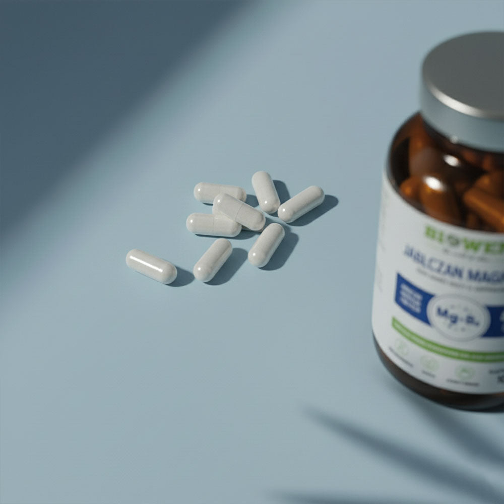 Białe kapsułki Jabłczanu magnezu Biowen obok brązowego słoiczka na niebieskim tle.