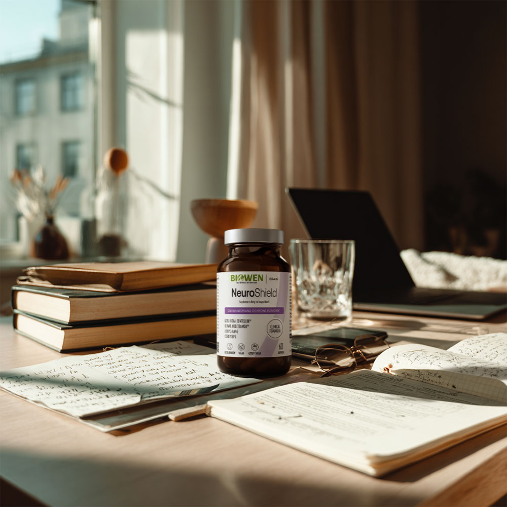 NeuroShield Biowen 60 kapsułek stojąca na biurku wśród notesów i długopisu