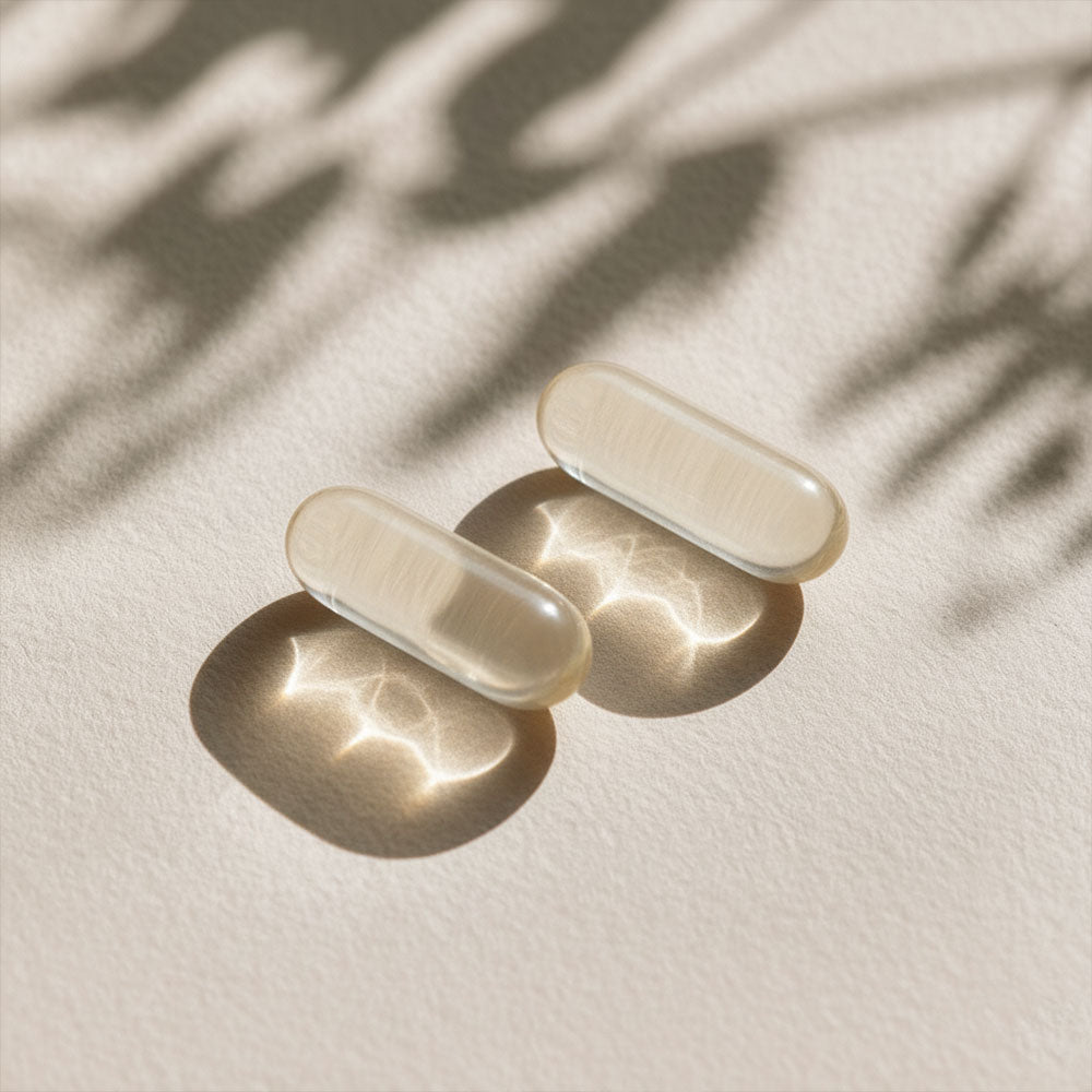 Dwie przezroczyste kapsułki suplementu Omega 3 z alg Biowen leżące na jasnym tle w świetle słonecznym.