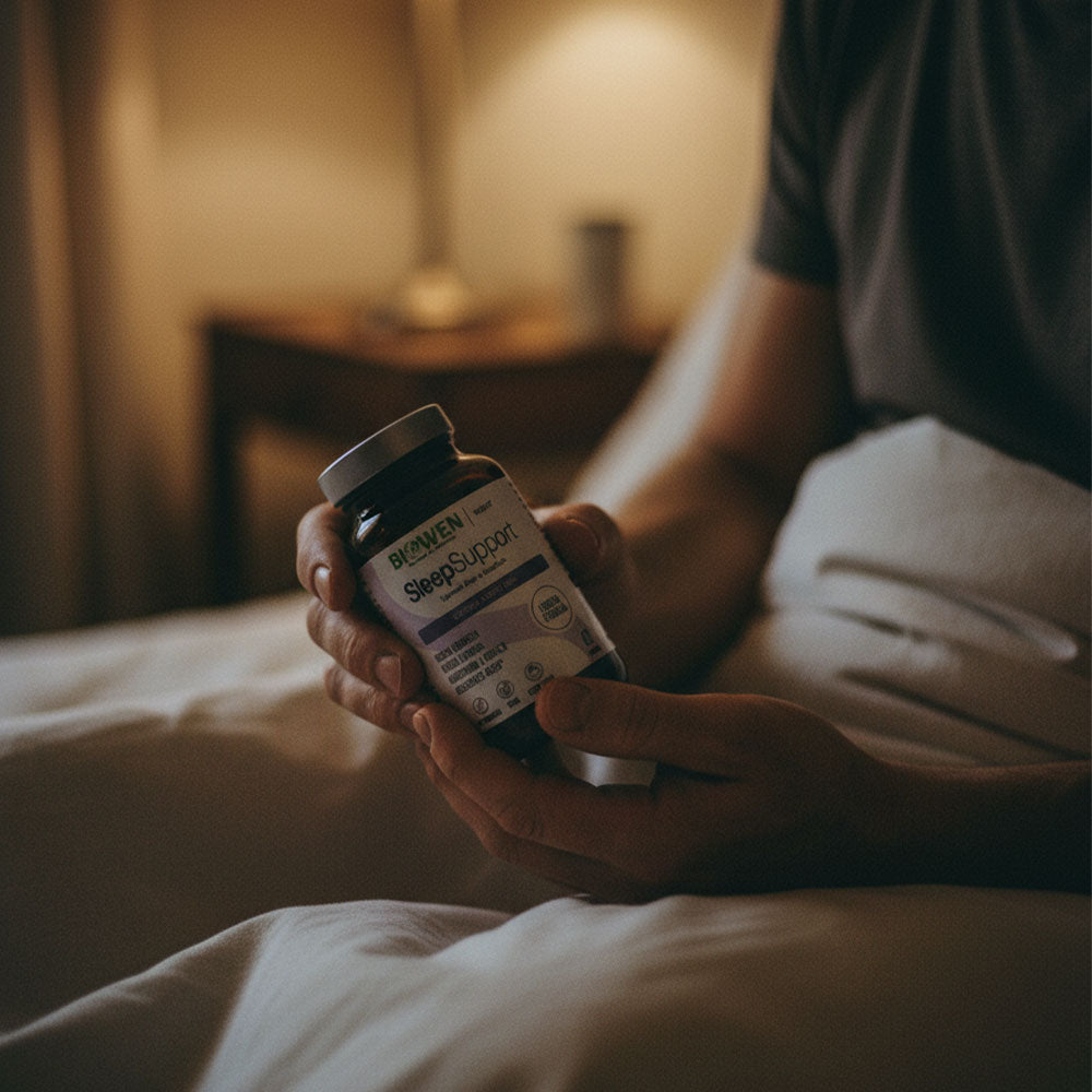 Osoba trzymająca w dłoniach butelkę Sleep Support Biowen 60 kapsułek w sypialni