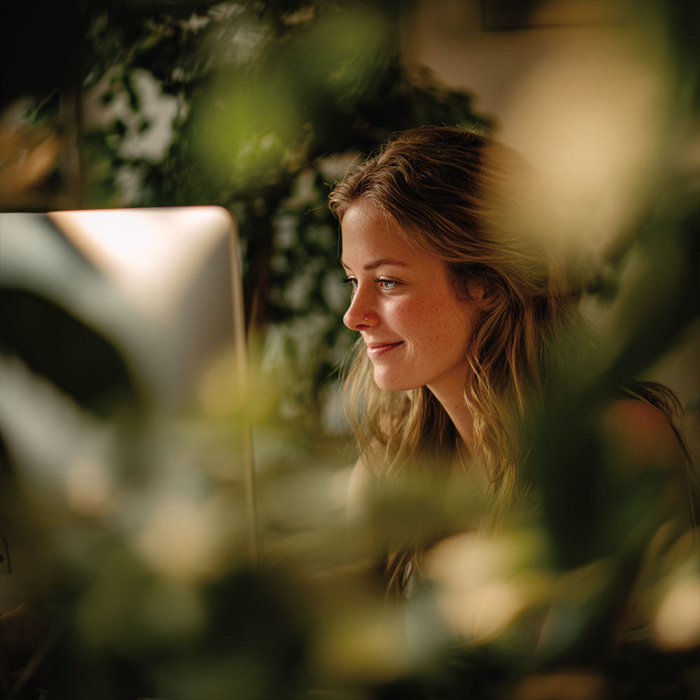 Kobieta siedząca przy komputerze w otoczeniu zielonych roślin w ciepłym świetle.