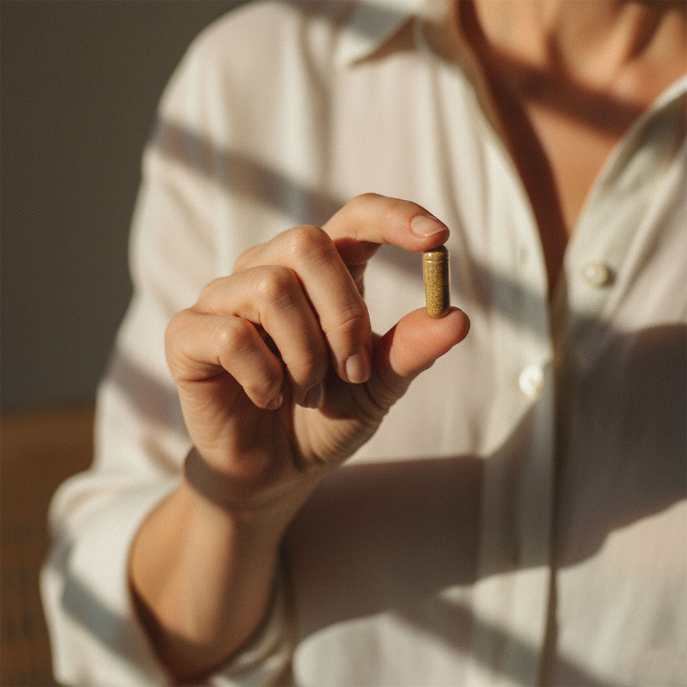 Pojedyncza kapsułka HepaStrong Biowen trzymana w dłoni. Suplement ze składnikami na wsparcie wątroby.