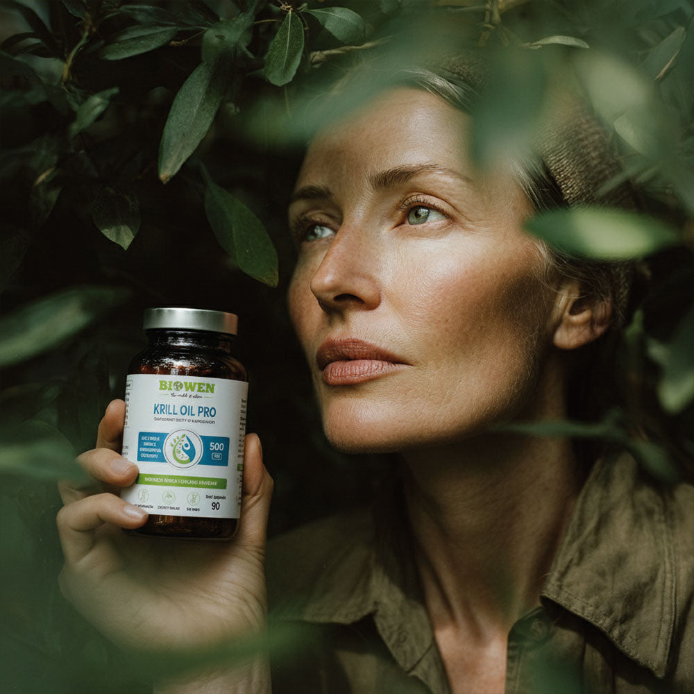 Kobieta wśród zielonych liści trzymająca w dłoni butelkę Olej z kryla Krill Oil Pro Biowen 90 kapsułek.