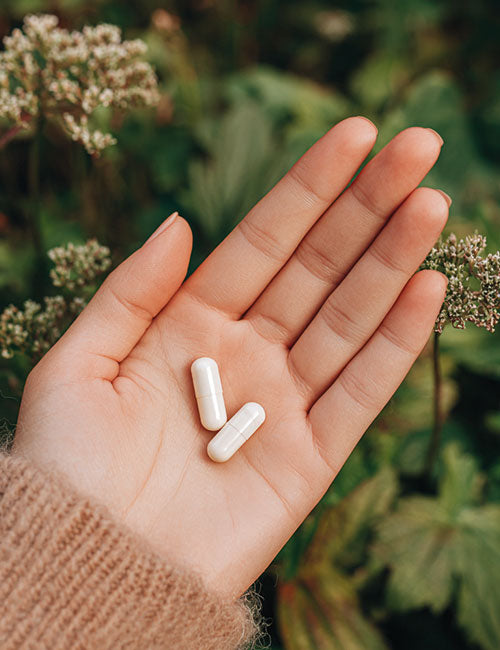 Dwie kapsułki Biowen Q-Folic na otwartej dłoni w naturalnym otoczeniu