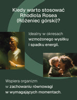 Grafika o stosowaniu Rhodiola Rosea Biowen z tekstem i zdjęciami mężczyzny biegnącego oraz kobiety z dzieckiem.