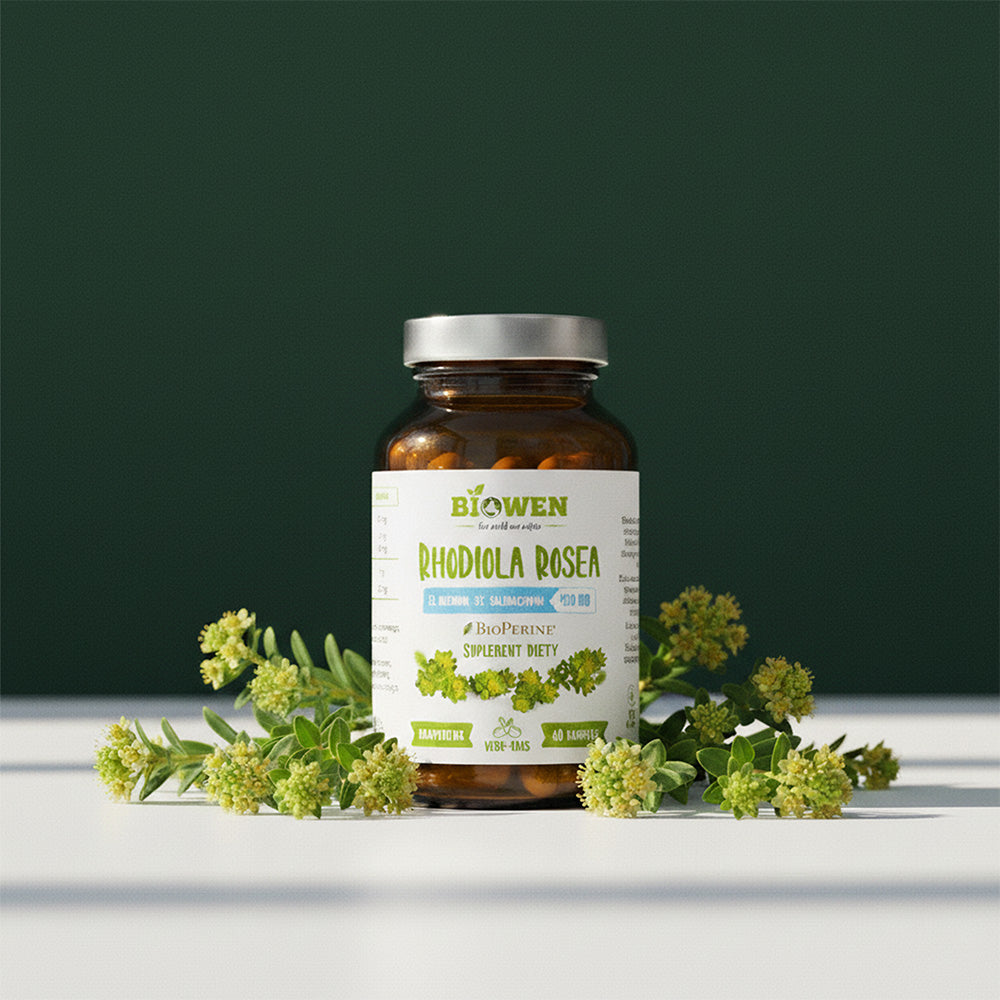 Słoiczek suplementu Rhodiola Rosea (różeniec górski) Biowen 60 kapsułek otoczony kwiatami różeńca.