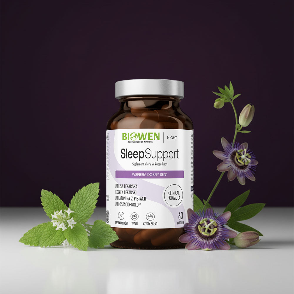 Sleep Support Biowen 60 kapsułek z liśćmi melisy i kwiatem passiflory u podstawy
