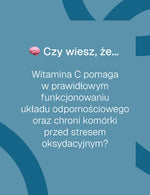 Grafika z ciekawostką: witamina C pomaga w prawidłowym funkcjonowaniu układu odpornościowego oraz chroni komórki przed stresem oksydacyjnym