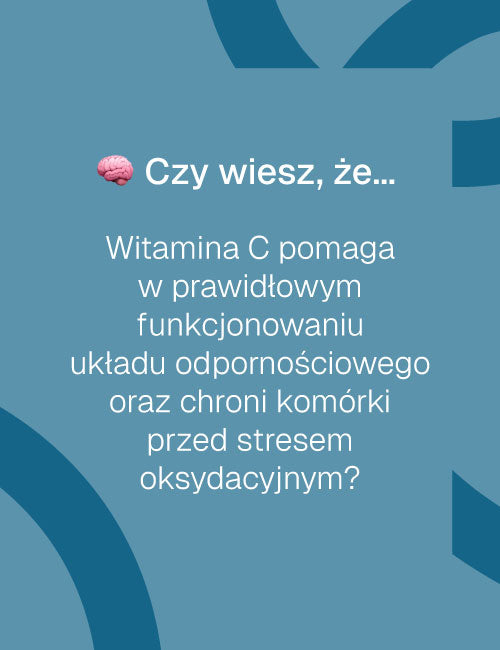 Grafika z ciekawostką: witamina C pomaga w prawidłowym funkcjonowaniu układu odpornościowego oraz chroni komórki przed stresem oksydacyjnym