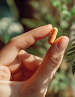 Dłoń trzymająca pomarańczową kapsułkę suplementu Witamina B Complex+ Biowen na tle zielonych liści.