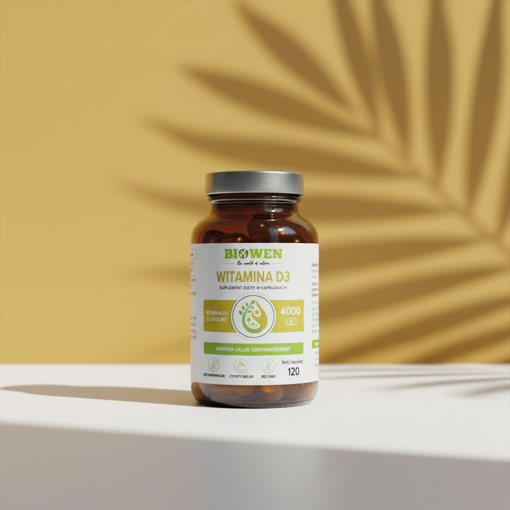 Opakowanie Biowen Witamina D3 4000 IU w brązowej butelce, tło w odcieniu żółtym z cieniem palmy.