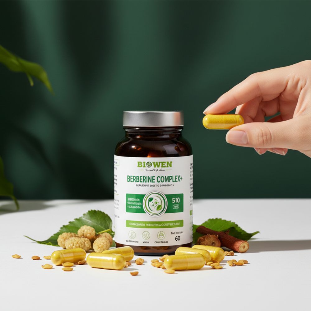 Ręka trzymająca żółtą kapsułkę obok butelki Berberyna Complex+ Biowen 60 kapsułek z rozsypanymi kapsułkami, liśćmi i owocami morwy.