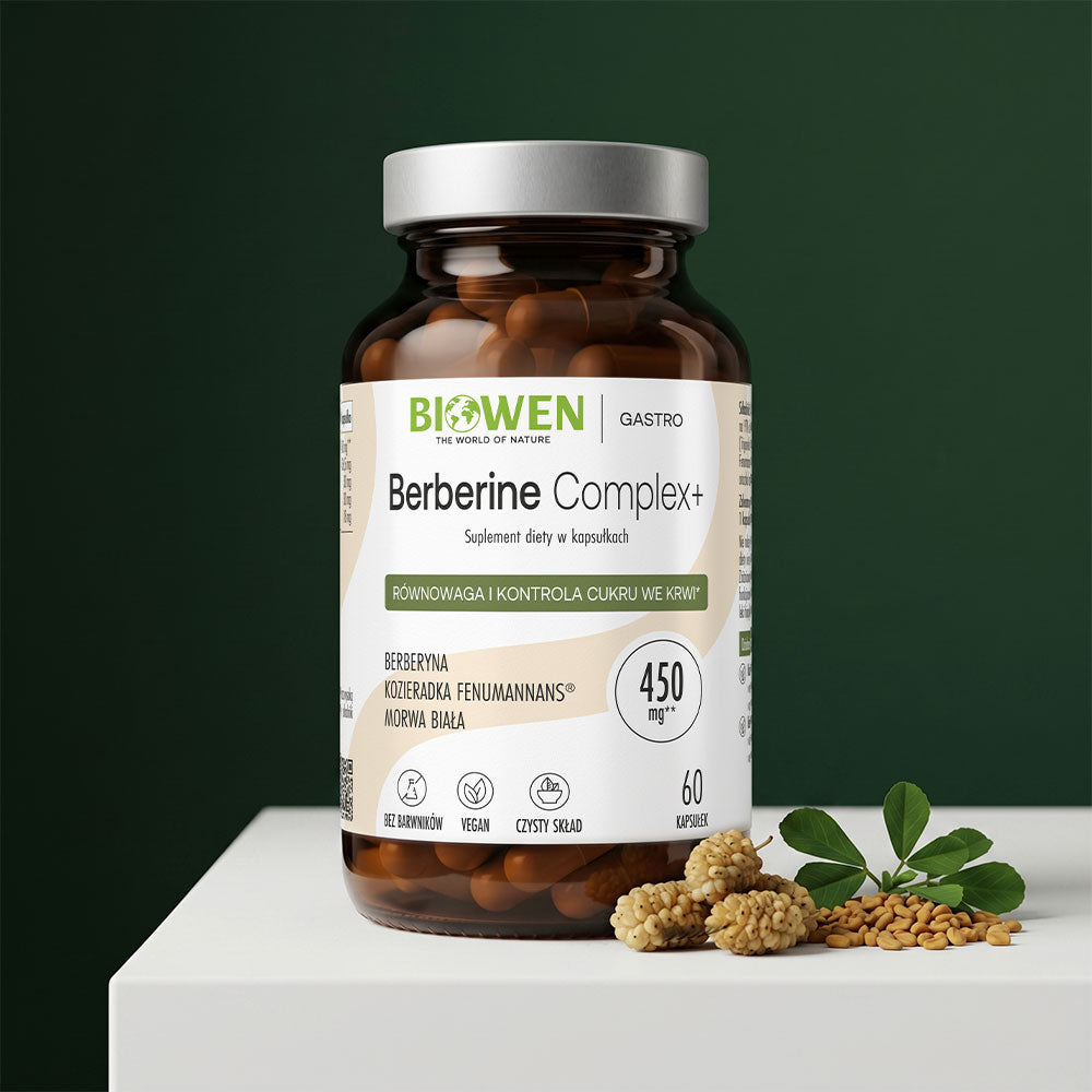 Suplement diety Biowen Berberine Complex+ 450 mg w kapsułkach z morwą białą i kozieradką na zielonym tle z naturalnymi składnikami roślinnymi