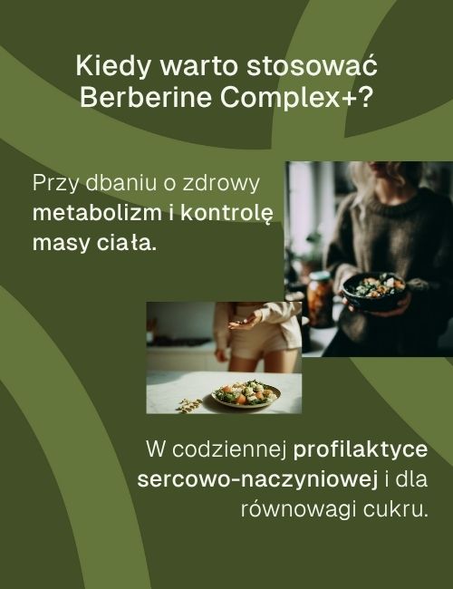 Infografika o Berberine Complex+ z obrazami zdrowych posiłków i tekstem o profilaktyce sercowo-naczyniowej.