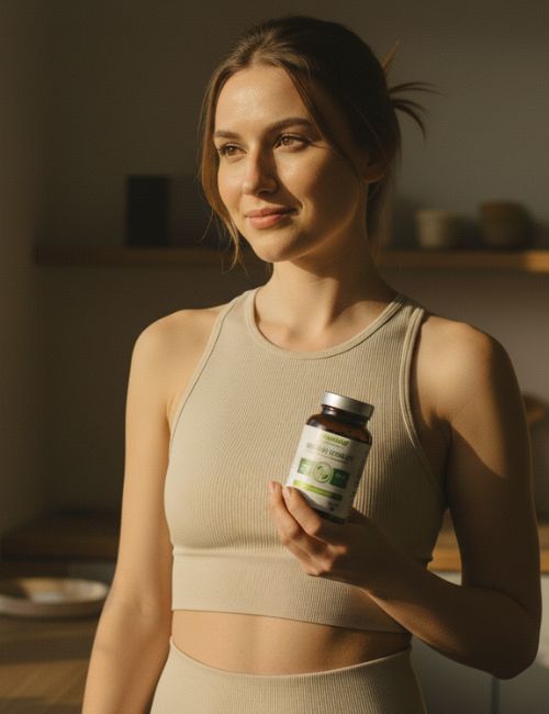 Kobieta w beżowym topie trzymająca suplement Berberyna Complex+ Biowen 60 kapsułek w dłoni.