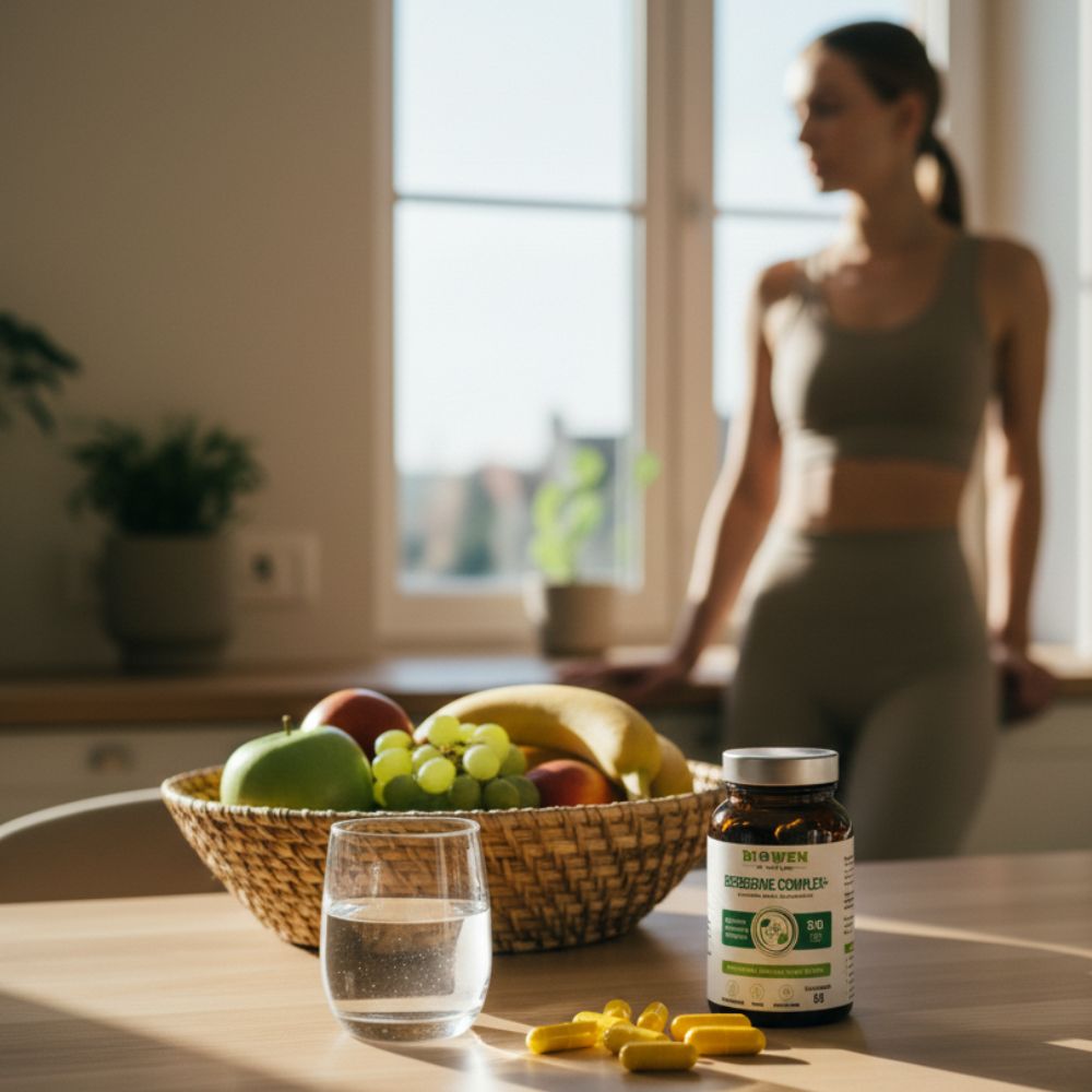 Opakowanie Berberyna Complex+ Biowen na tle kosza z owocami i kobiety w stroju sportowym. Wsparcie dla metabolizmu i diety.