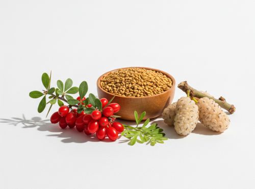 Drewniana miska z ziarnami kozieradki obok czerwonych owoców berberysu, białych owoców morwy i zielonych liści.