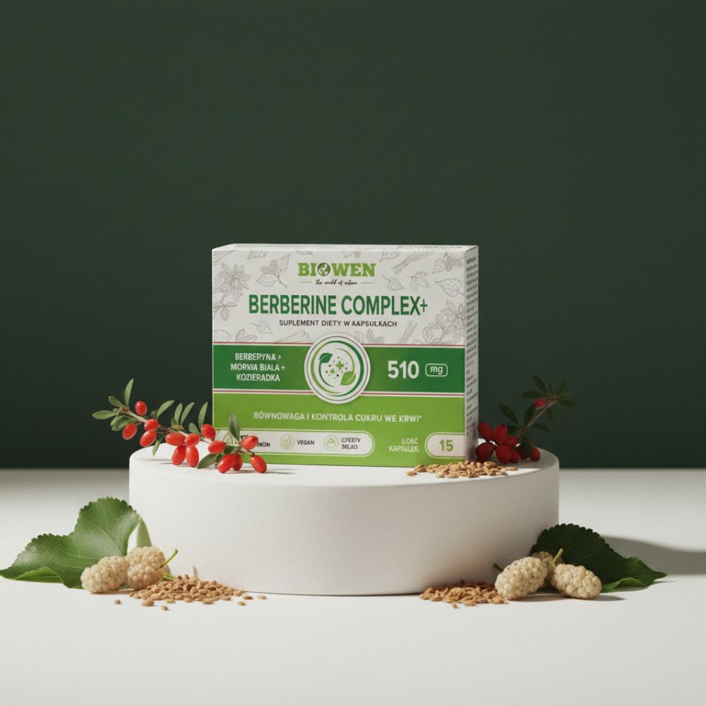  Berberyna Complex+ Biowen 15 kapsułek z owocami morwy, jagodami goji i ziarnami na białym postumencie.