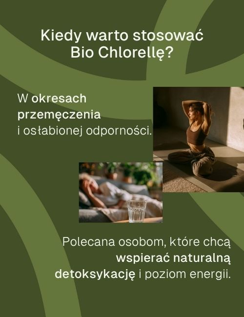 Zielona grafika informacyjna o Bio Chlorella Biowen z opisem działania.