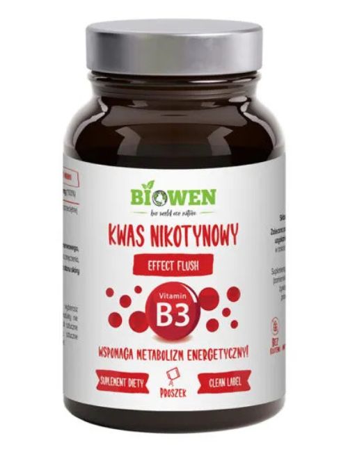 Opakowanie suplementu diety Niacyna (witamina B3) Biowen Proszek 120 g.