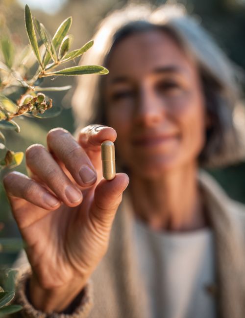 Zbliżenie na dłoń kobiety z kapsułką Cardiovita Complex+ Biowen wśród roślin i naturalnego światła.